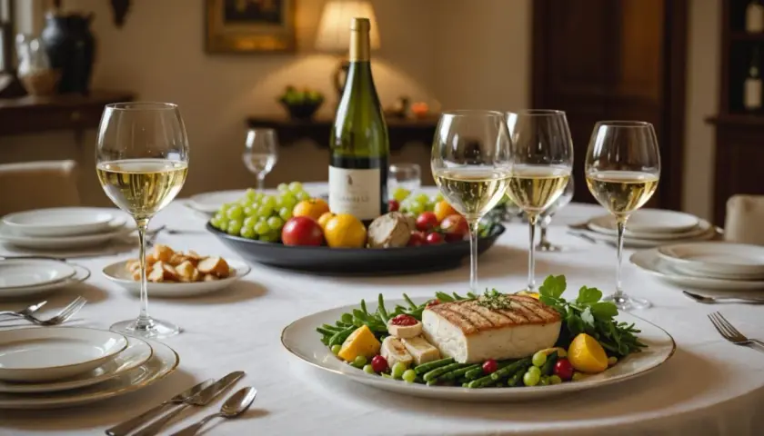 Un dîner élégant avec un plat de poisson grillé, des légumes verts, des fruits frais, et une bouteille de Chablis, parfait pour accompagner un foie gras.