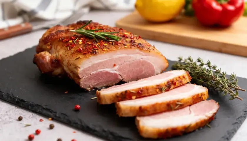Un rôti de porc juteux, tranché, assaisonné d'épices et de romarin. Une recette de pluma de porc à essayer !