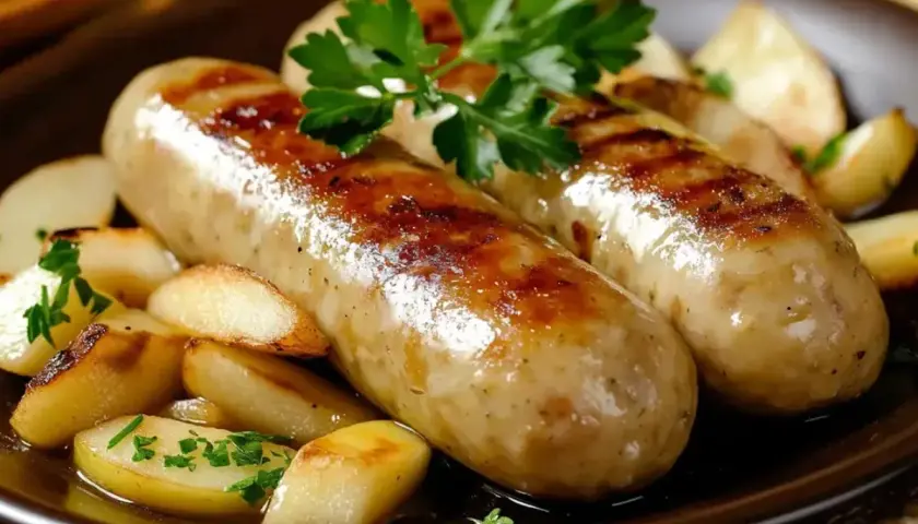 Deux saucisses blanches grillées, accompagnées de pommes de terre rôties et de persil frais. Un plat savoureux, quelle pomme avec boudin blanc !