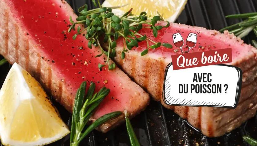 Deux beaux steaks de thon grillés, ornés de pousses vertes, de romarin et de quartiers de citron. La question "Que boire avec du poisson ?" est affichée.