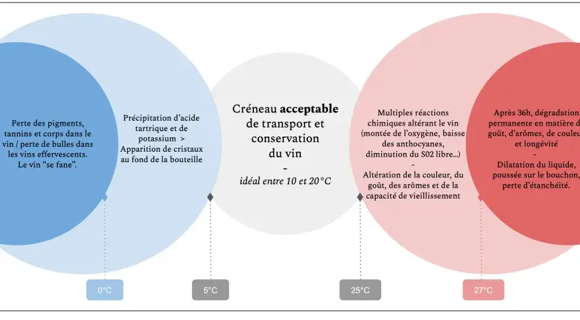 Le diagramme illustre l'impact de la température sur la conservation du vin rouge. Les températures extrêmes (-6°C, 30°C) entraînent des risques pour le vin et la bouteille. Le créneau idéal se situe entre 10 et 20°C.