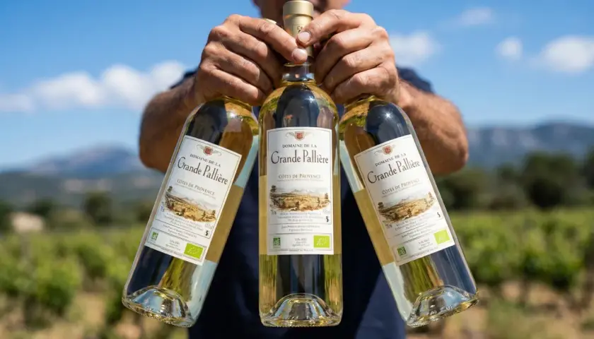 Trois bouteilles de vin blanc de la Grande Pallière, Côtes de Provence. Un vin blanc lichette sec ou moelleux, parfait pour l'été.