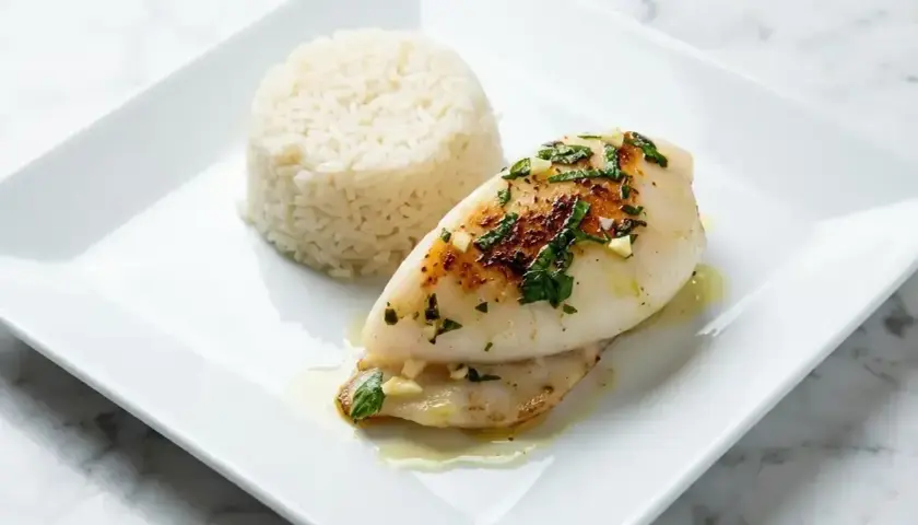 Seiche à la plancha, dorée et garnie d'herbes fraîches, servie avec une portion de riz blanc. Un plat simple et savoureux.