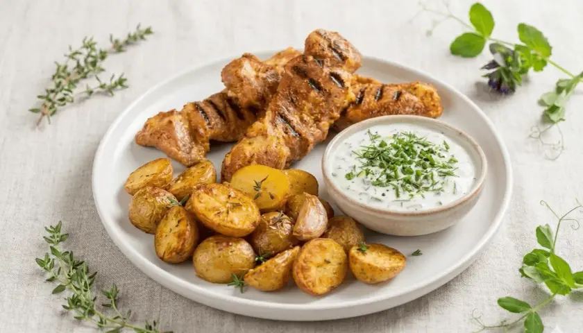 Brochettes d'araignée de porc grillées, pommes de terre rôties et sauce crémeuse aux herbes. Une recette gastronomique savoureuse.