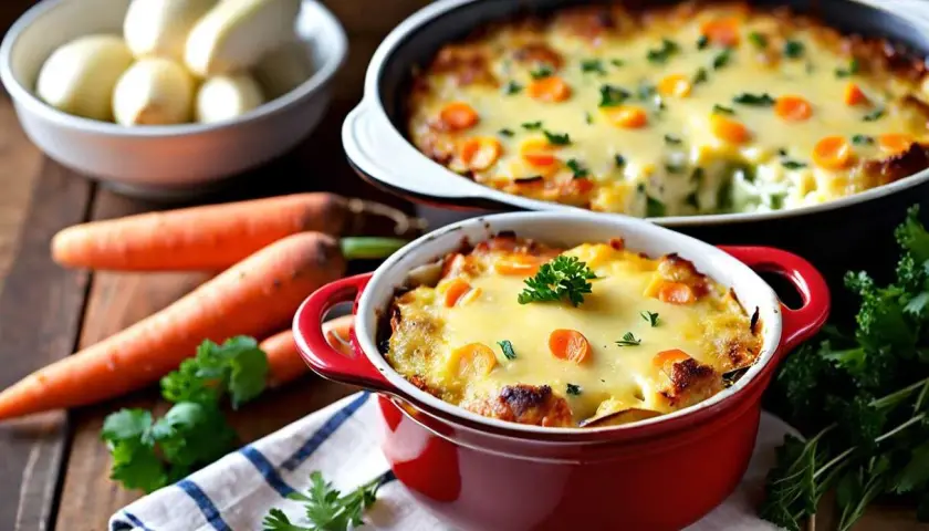 Délicieuse recette cocotte individuelle gratinée, garnie de carottes et persil frais. Un plat réconfortant.