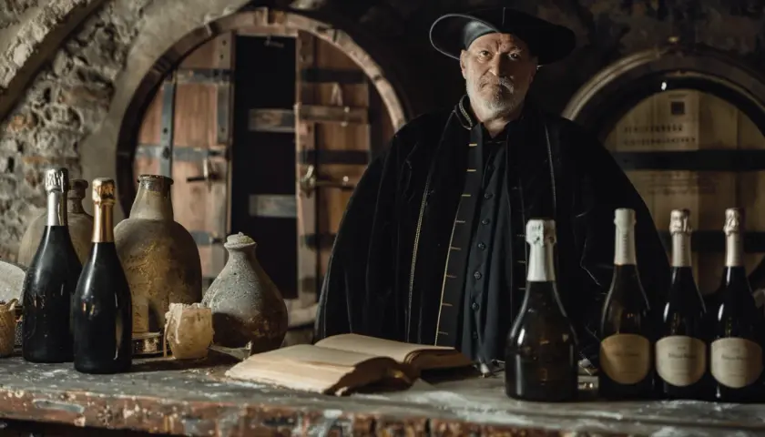Un homme en habit d'époque, peut-être celui qui a créé le champagne, pose devant des bouteilles et des tonneaux anciens.