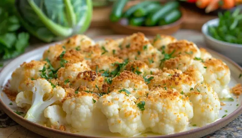Choux fleur au four à la crème, gratiné avec une chapelure dorée et persil frais. Un délice crémeux et croustillant.