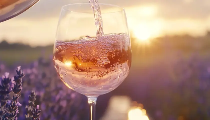 Verre de vin blanc rosé, pétillant, versé au coucher du soleil dans un champ de lavande. Douceur et légèreté, sans tanin.
