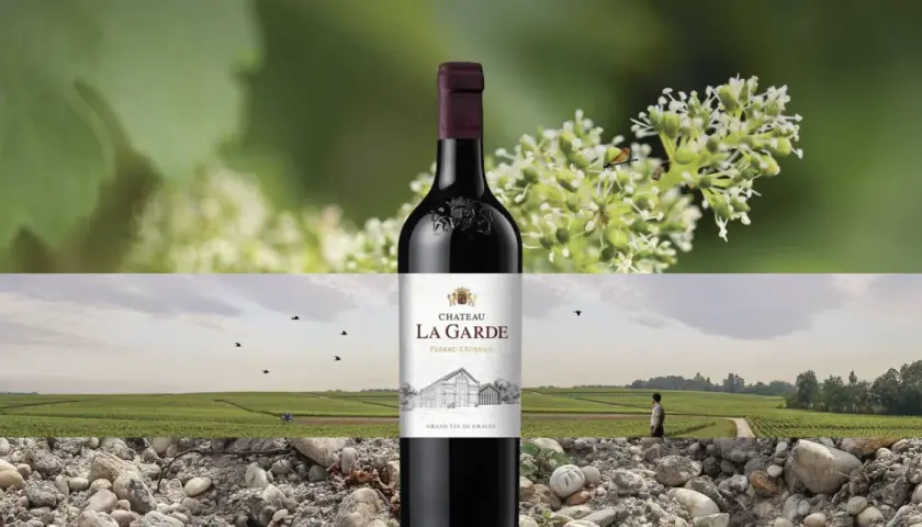 Bouteille de vin rouge Château La Garde, Pessac-Léognan. Paysage de vignes et de graviers.