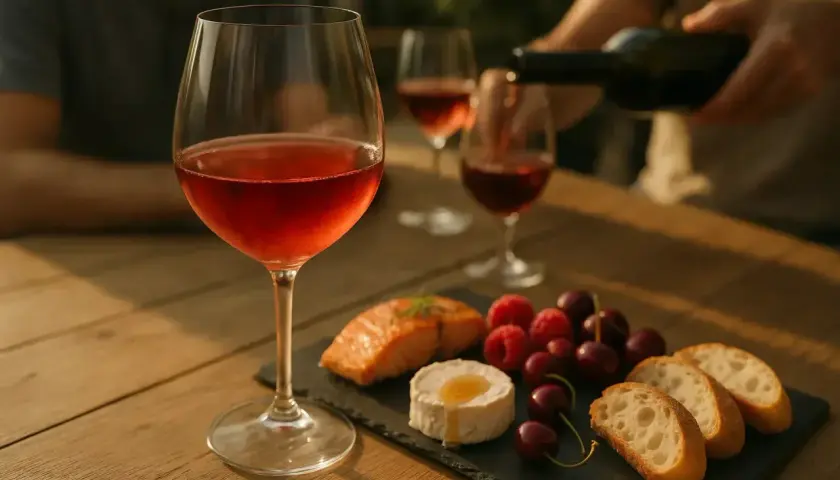 Un verre de vin rouge léger, du saumon, du fromage, des fruits et du pain sur une table en bois.