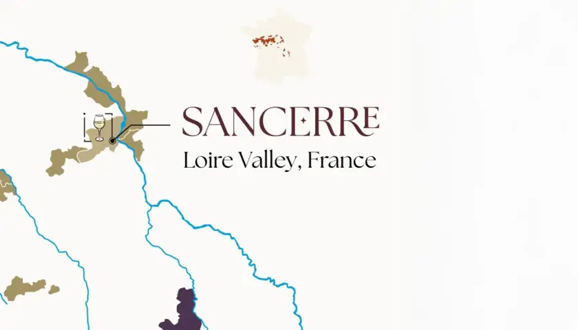 Carte de Sancerre, Vallée de la Loire, France, une région réputée pour son sauvignon blanc.