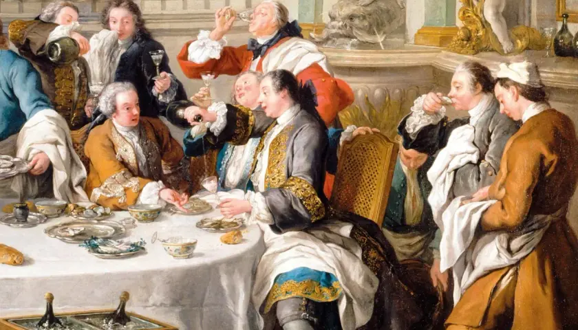 Scène de banquet où des hommes en habits d'époque dégustent des huîtres et du champagne, évoquant l'histoire du champagne.