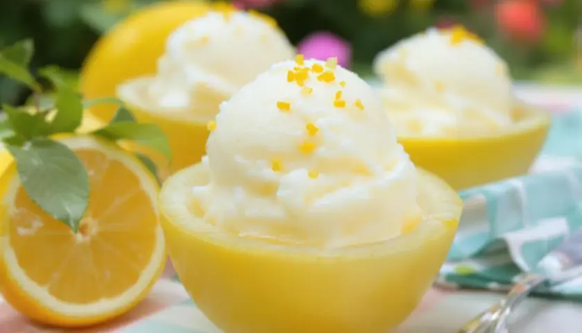 Trois coupes de citron givré, garnies de zestes d'orange, présentées dans des moitiés de citrons évidés. Un citron frais est visible à gauche.