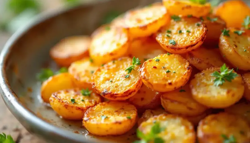 Assiette de pommes de terre rôties, dorées et garnies de persil frais. Une délicieuse recette de pomme de terre facile à réaliser.