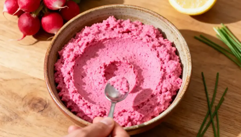 Un bol de tarama rose vif, prêt à être dégusté. Une recette simple et savoureuse.