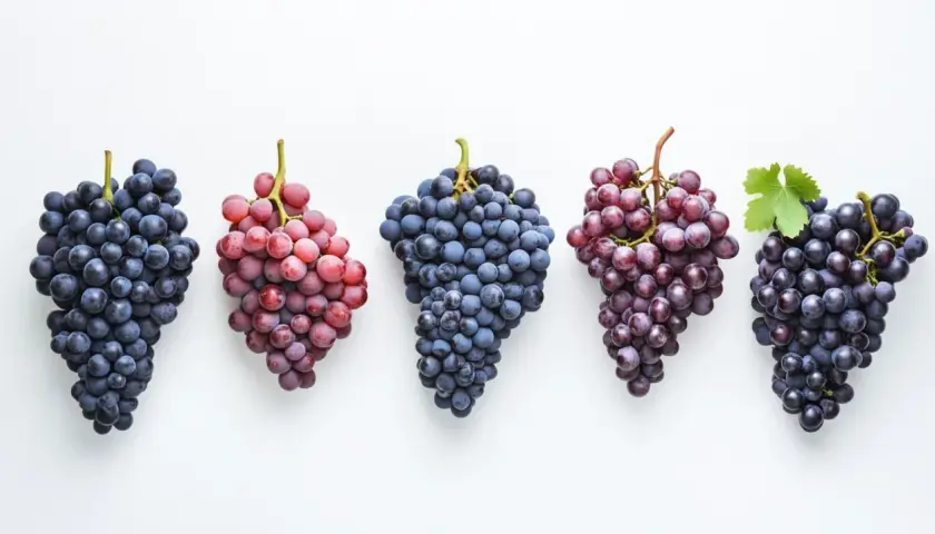 Cinq grappes de raisin, bleues et rouges, prêtes à devenir un délicieux raisin vin rouge.