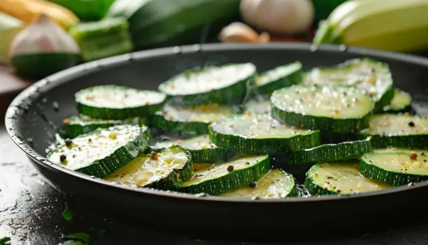 Tranches de courgettes assaisonnées cuisant dans une poêle, prêtes pour une délicieuse recette de courgette à la poêle.