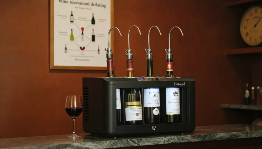 Système de conservation du vin avec quatre bouteilles ouvertes, idéal pour le temps de garde. Un verre de vin rouge à côté.