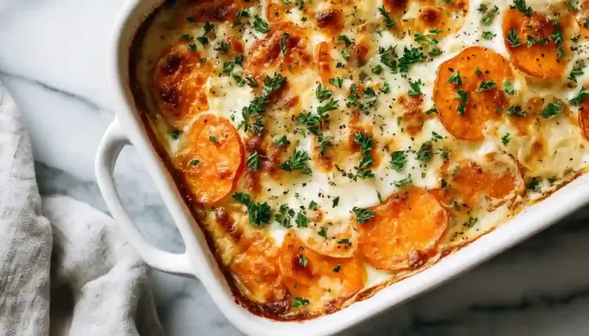 Un délicieux gratin de patate douce, gratiné et parsemé de persil frais, prêt à être dégusté.
