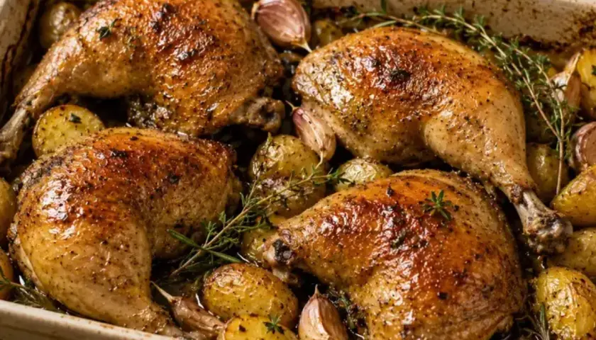 Quatre cuisses de pintade au four, dorées et juteuses, accompagnées de pommes de terre rôties, d'ail et de thym. Un plat savoureux prêt à être dégusté.