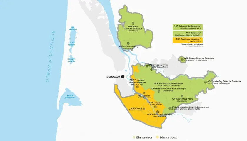 Carte des appellations de Bordeaux, incluant les Graves de Vayres, avec leurs zones de production et types de vins.