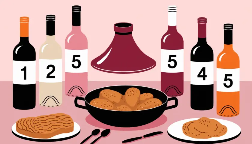 Bouteilles de vin et tajine de poulet, prêts pour un festin.