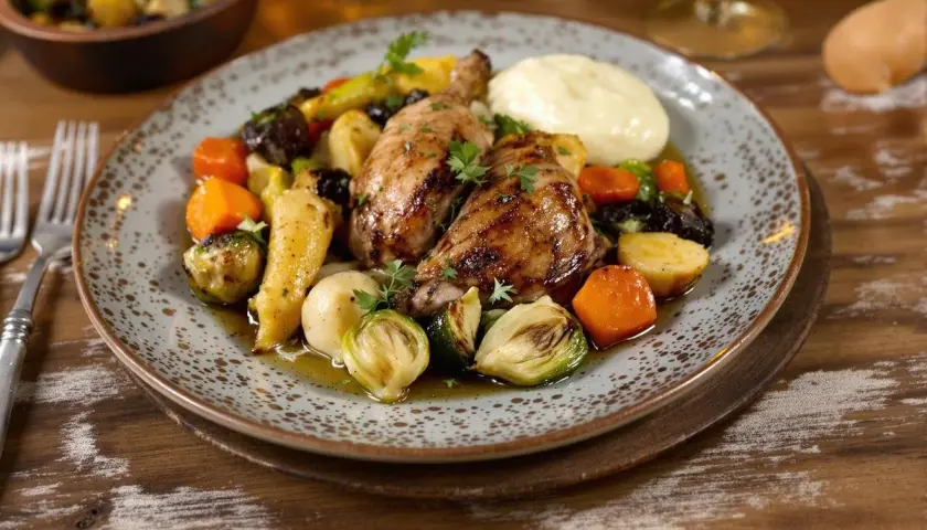 Pintade rôtie avec purée, carottes, panais, choux de Bruxelles et prunes. Quel accompagnement avec une pintade aux morilles ? Ce plat est une belle suggestion !