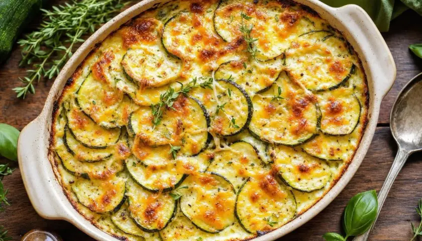 Un délicieux gratin de courgettes béchamel, doré au four, garni de fromage fondant et de quelques brins de thym frais.