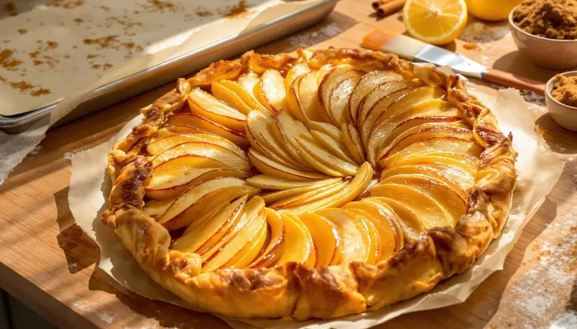 Une magnifique tarte aux pommes sur pâte feuilletée, aux fines tranches de pommes dorées et caramélisées, prête à être dégustée.