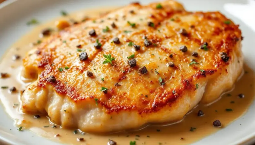 Un délicieux suprême de volaille doré, nappé d'une sauce onctueuse et parsemé de poivre concassé et de persil frais.