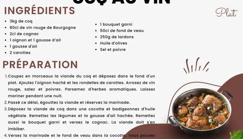 Coq au vin mijotant dans une cocotte, avec des carottes et des herbes. La recette suggère un vin rouge de Bourgogne pour ce plat.