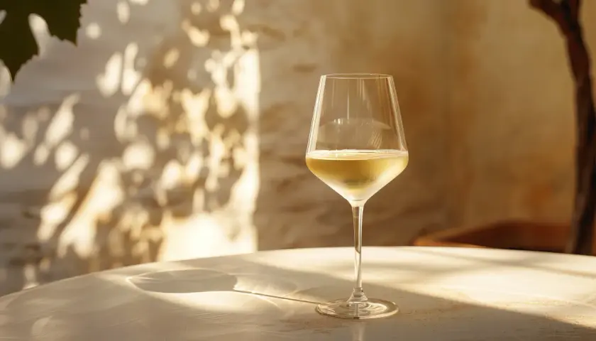 Verre de vin blanc baigné de soleil, évoquant la douceur et le taux de sucre dans le vin blanc. Ombre de feuilles sur le mur.