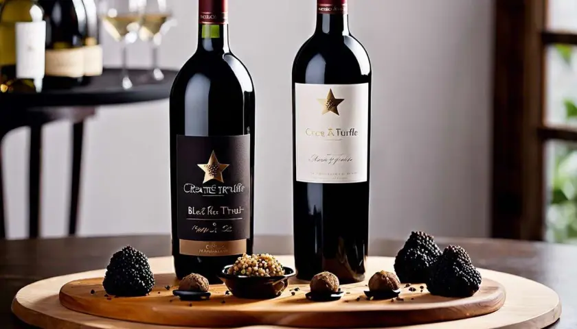 Deux bouteilles de vin rouge, l'une avec une étiquette noire, l'autre blanche, sont présentées avec des truffes noires et des bouchées gourmandes. Un accord parfait pour un vin avec truffade.