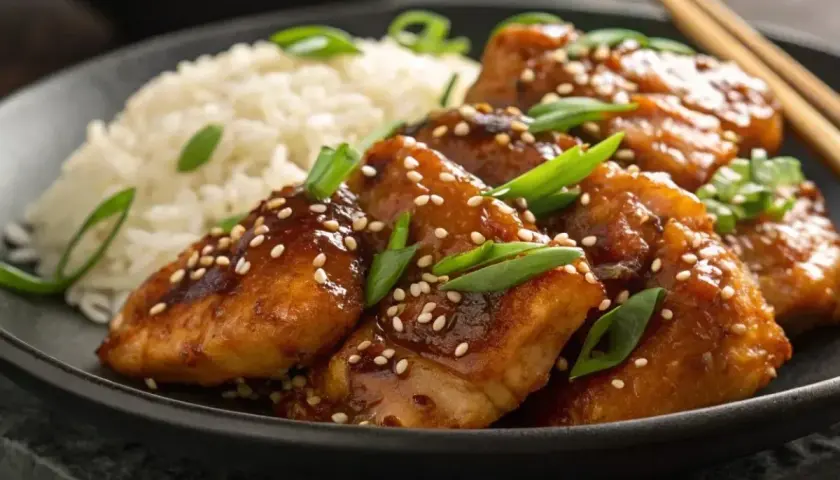 Délicieux poulet au miel glacé, parsemé de graines de sésame et d'oignons verts, servi avec du riz blanc.