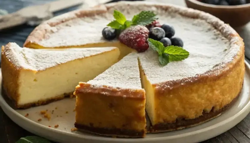 Un délicieux gâteau au fromage blanc, saupoudré de sucre glace et garni de fruits rouges et de menthe.