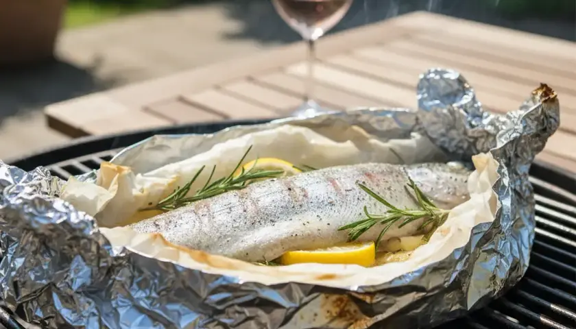 Une truite au barbecue, enveloppée dans du papier d'aluminium avec du citron et du romarin, fume doucement sur la grille.