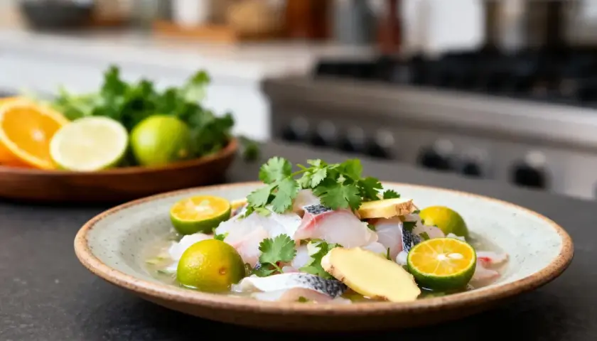 Un plat frais de ceviche de daurade, garni de coriandre, de gingembre et de quartiers de citron vert, prêt à être dégusté.