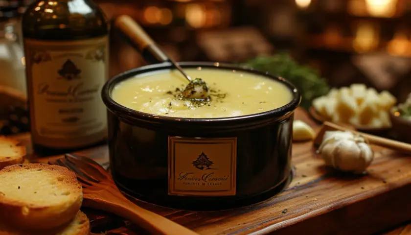 Un délicieux moment de partage autour d'une fondue au rosé, accompagnée de pain grillé et d'ail.