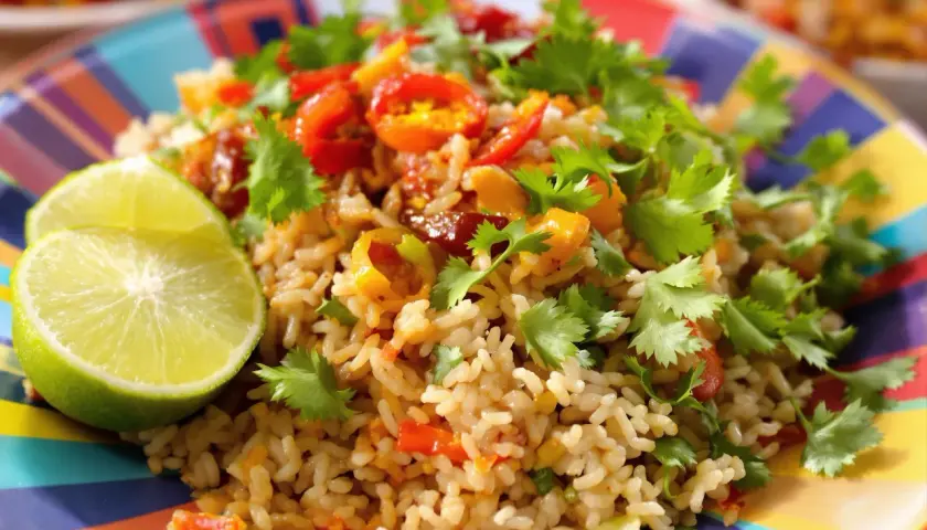 Un plat coloré de riz frit thaï, garni de coriandre fraîche et de quartiers de citron vert, sur une assiette vibrante.