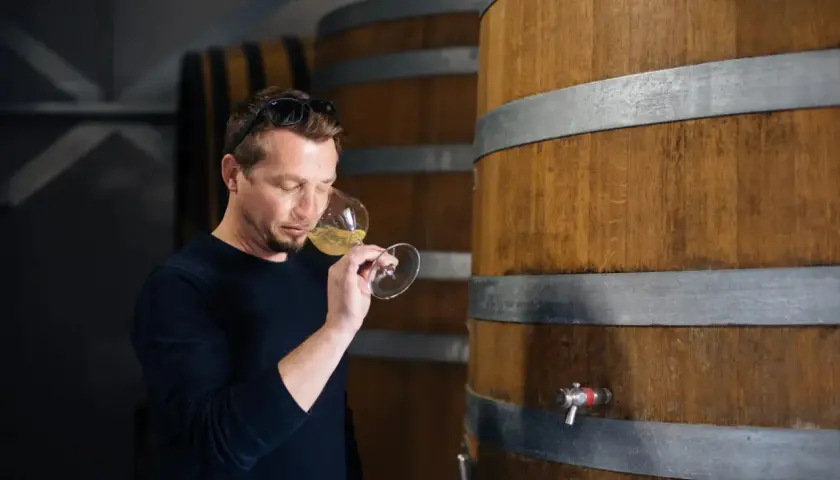 Un homme déguste un verre de vin blanc près de fûts de chêne, peut-être un chardonnay sec ou moelleux.
