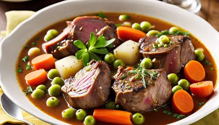 Navarin d'agneau facile et rapide : tendres morceaux d'agneau, carottes, pommes de terre et petits pois dans un bouillon savoureux.
