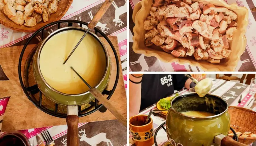 Un délicieux moment de partage autour d'une fondue savoyarde, avec du pain croustillant prêt à être trempé dans le fromage fondu.