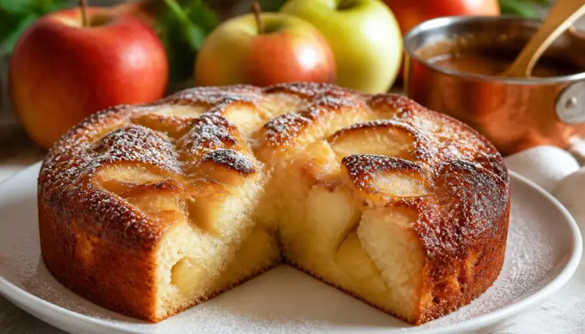 Un délicieux moelleux aux pommes, saupoudré de sucre glace, avec des pommes fraîches en arrière-plan.