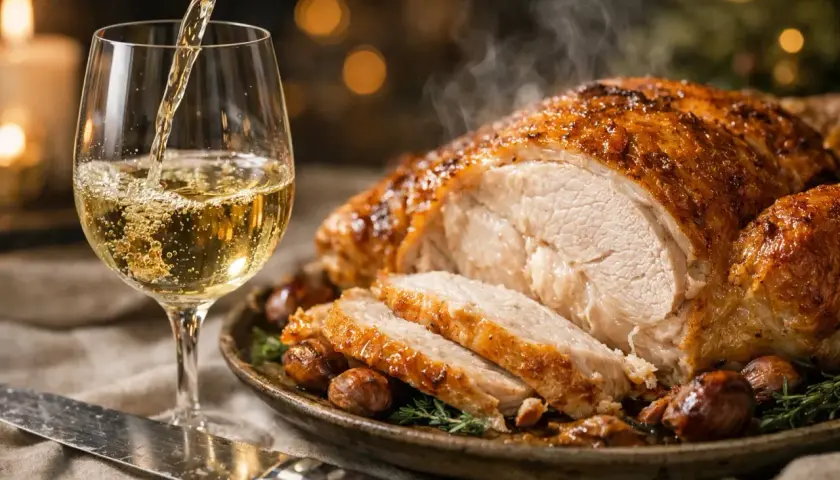 Un verre de vin blanc est versé près d'un chapon farci rôti, fumant et garni de marrons. Un repas festif.