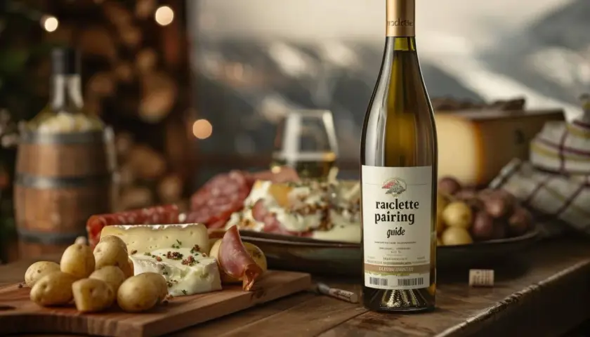 Bouteille de vin blanc, fromages, charcuterie et pommes de terre sur une planche. Une touche de citron pour parfaire l'accord parfait.