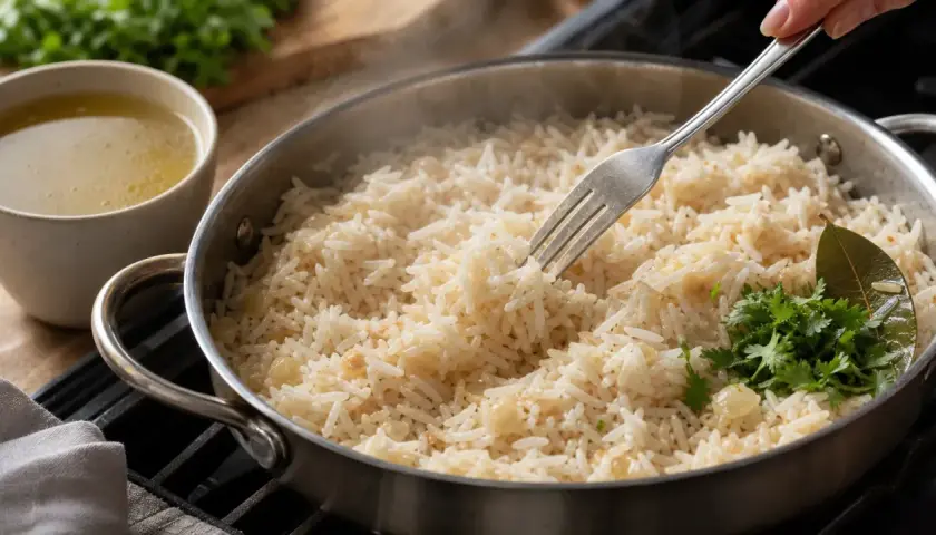 Un riz pilaf fumant, garni de coriandre fraîche et d'une feuille de laurier, est servi dans une poêle. Une fourchette prélève une portion de ce plat savoureux.