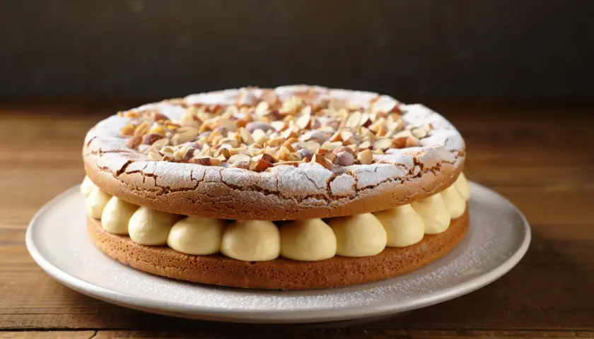 Gâteau rond garni de crème onctueuse et saupoudré d'amandes concassées. Une délicieuse dacquoise noisette à savourer.