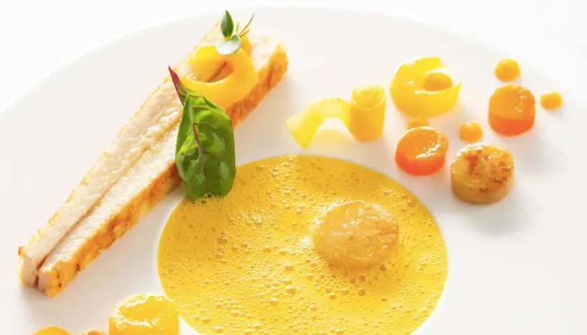 Une assiette élégante pour une recette d'omble chevalier : poisson poêlé, écume de carotte, et légumes croquants.