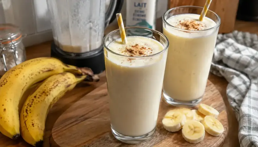 Deux verres de milkshake banane, parfaits pour une recette facile et rafraîchissante. Des bananes mûres et une touche de cannelle complètent ce délice.