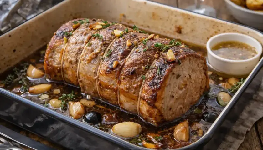 Un rôti de porc au vin blanc, doré et juteux, mijote dans son jus avec de l'ail et des herbes. Un délice prêt à être dégusté.